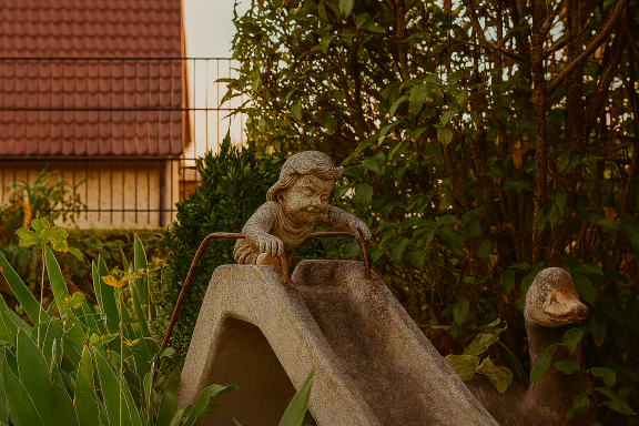 Ein Kind, das sich bereit macht zu rutschen – eingefroren als Gartenfigur. Trotzdem sieht und spürt man die Freude des Kindes.